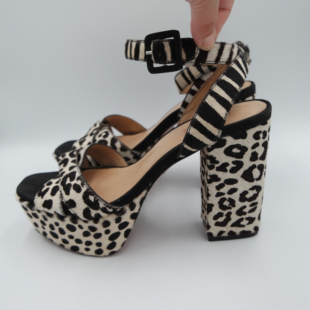 Schutz Keefa Animal Print Calf Hair Platform Heel Sandals Black White Zebra 7B
